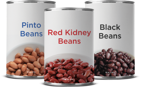 Three cans showcasing pinto, kidney, and black beans