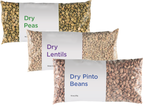Three bags of dry peas, lentils, pinto beans