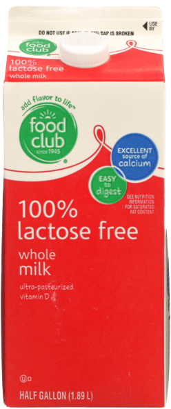 Lactose-free milk carton with red and white design