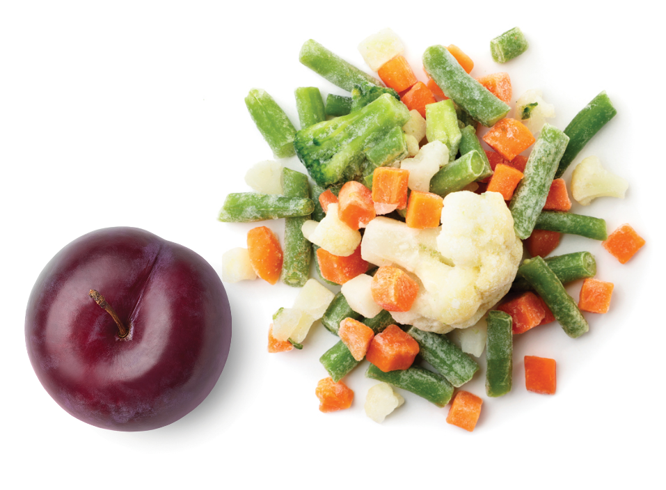 Plum and frozen mixed vegetables on white background