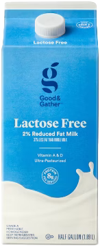 Lactose-free milk carton showing brand and nutritional information