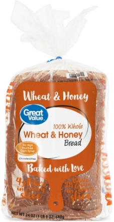Wheat honey bread loaf in plastic bag packaging
