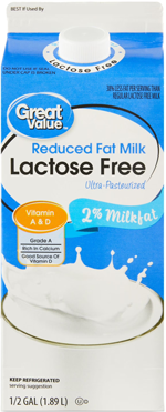 Carton of lactose-free reduced fat milk upright
