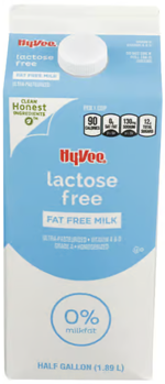Hy-Vee lactose-free fat free milk carton displayed