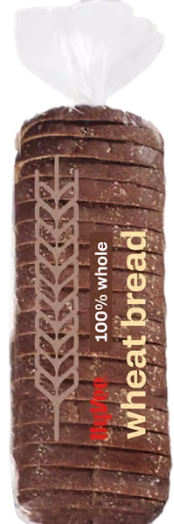 Sliced whole wheat bread in plastic packaging