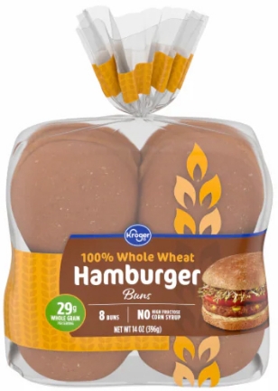Whole wheat hamburger buns in sealed packaging
