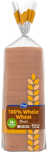 Sliced whole wheat bread in sealed plastic bag