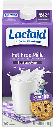 Lactaid fat-free milk carton with cookie illustration