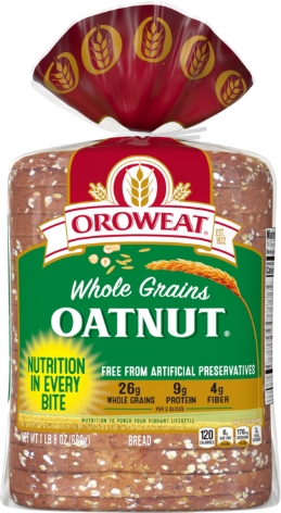 Oroweat Oatnut bread, whole grains, transparent packaging