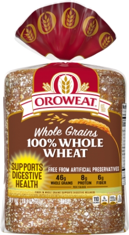 Whole wheat bread package labeled for digestive health