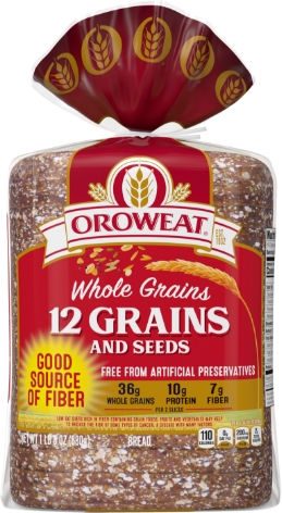 Bread package labeled Oroweat 12 Grains and Seeds