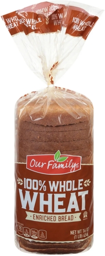 Sliced whole wheat bread in clear plastic bag