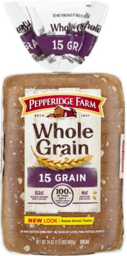 Bread package labeled Whole Grain, 15 Grain variety