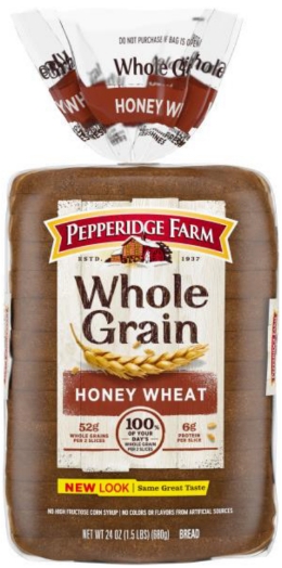 Bread loaf packaged, labeled Pepperidge Farm Whole Grain