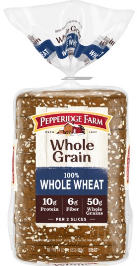 Pepperidge Farm whole wheat bread package, clear packaging