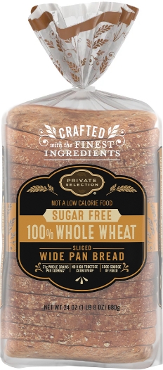 Whole wheat bread loaf sealed in clear packaging