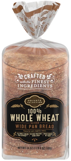 Whole wheat bread loaf packaged in clear plastic