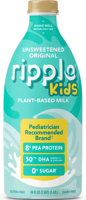 Ripple Kids plant-based milk bottle with nutrition highlights