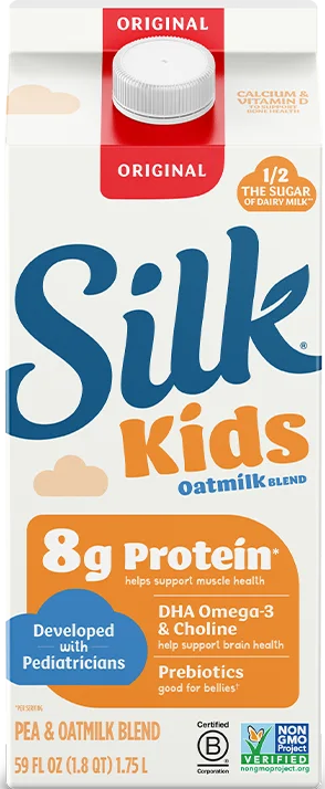 Silk Kids oatmilk carton with nutritional highlights