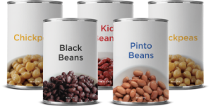 Cans of beans and chickpeas arranged together
