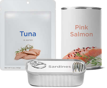 Canned tuna, salmon, and sardines with herbs displayed