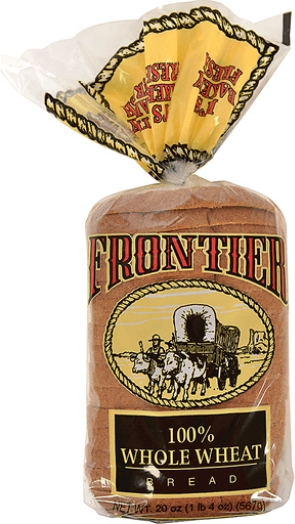 Whole wheat bread loaf in Frontier packaging