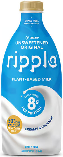 Ripple unsweetened plant-based milk bottle, front view
