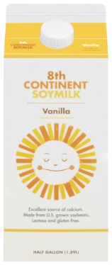 Soymilk carton labeled 8th Continent Vanilla flavor