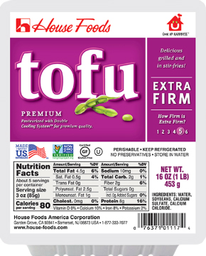 Package of extra firm tofu, nutritional information visible